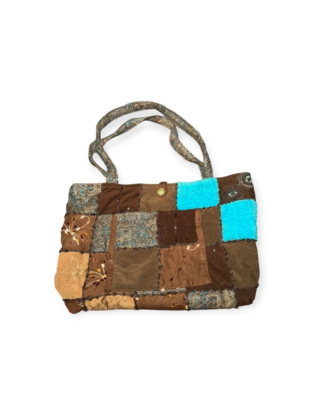 Large Patchwork Tote bag Brown and Blue Y2K RETRO handmade aesthetic GC Quilted